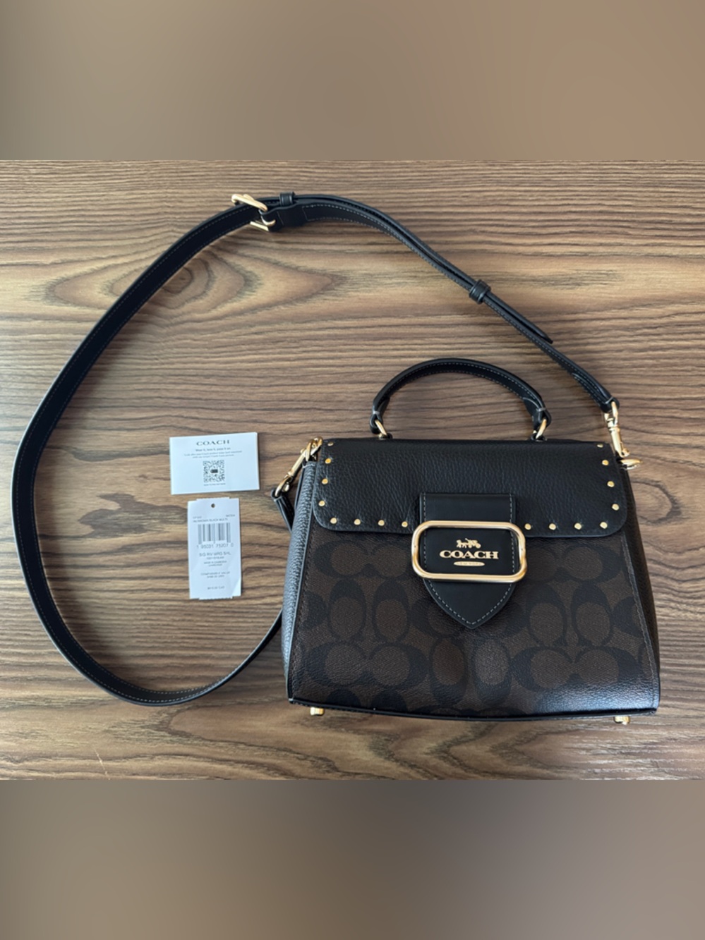 Coach Black and Brown Signature Rivet Morgan Top Handle Satchel Gold Hardware